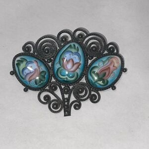 Victorian Copper Bouquet brooch Eggs Painted Flowers Vintage Brooch 2.5" by 2" A